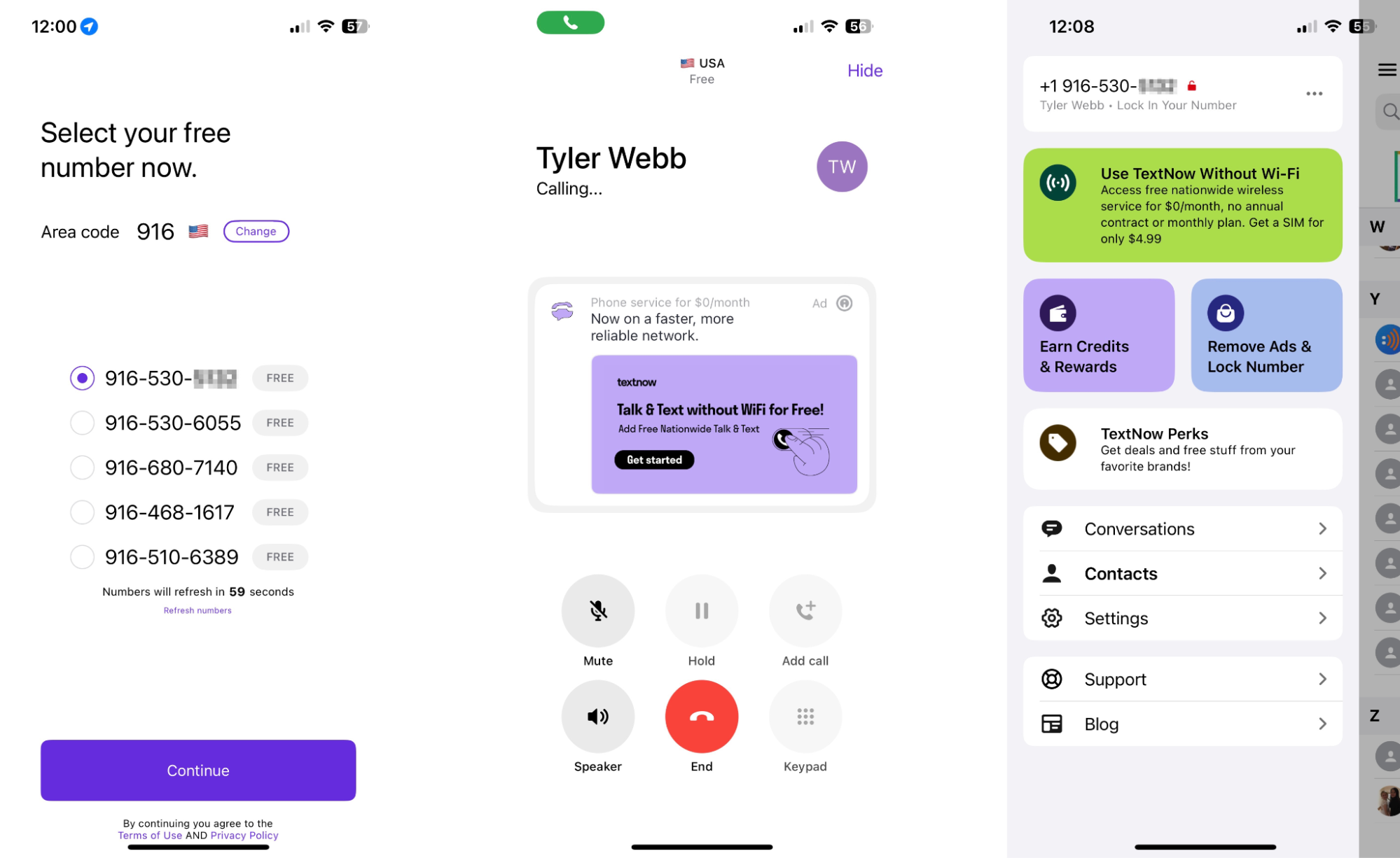 TextNow mobile app view and phone number selection