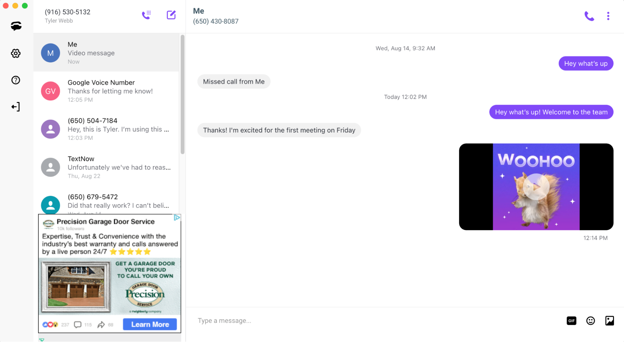 TextNow desktop SMS conversation