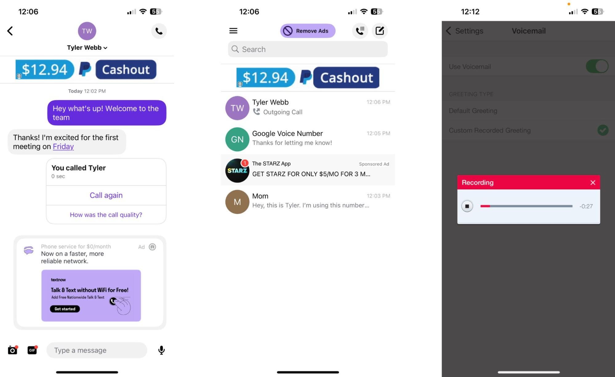 TextNow mobile view SMS conversation voicemail