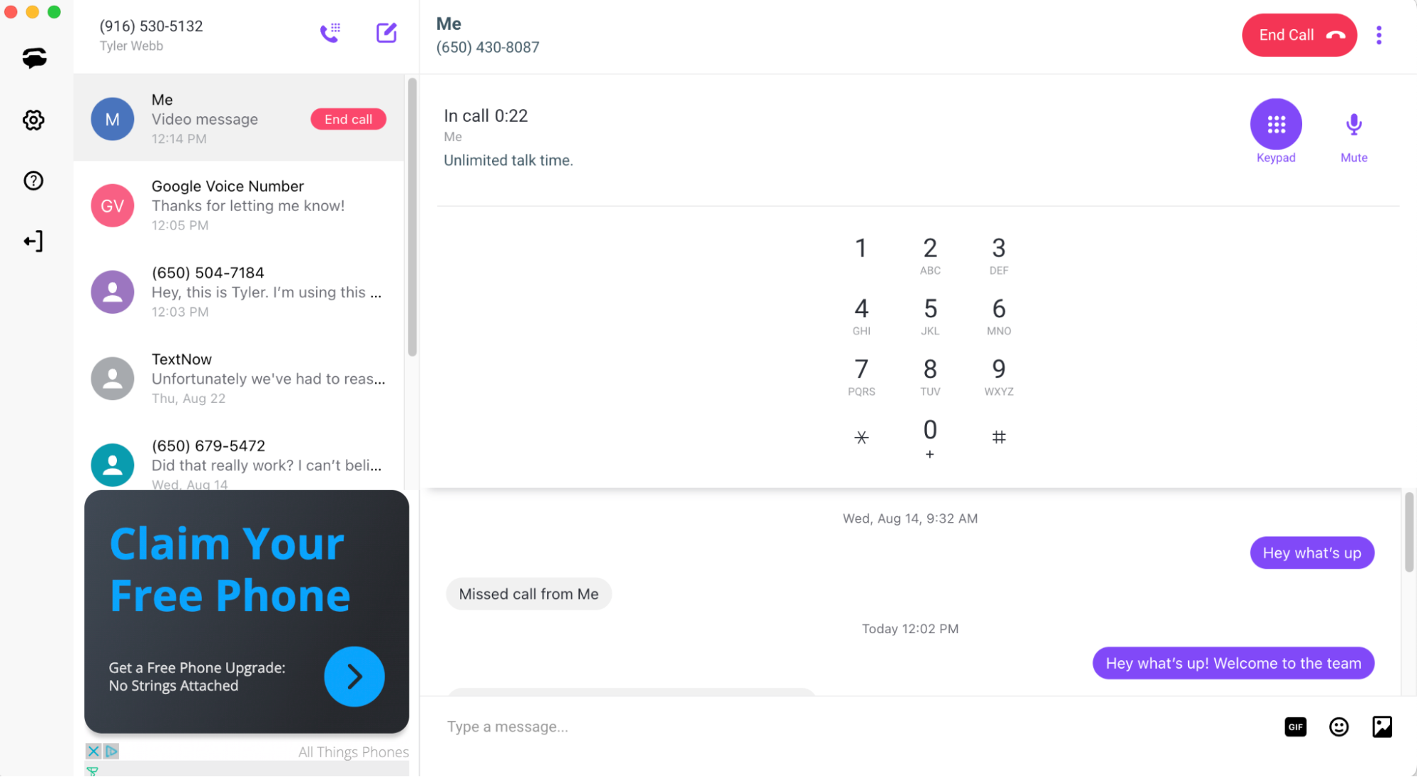 TextNow desktop dashboard dial pad